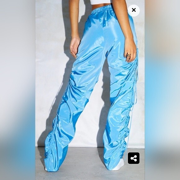 Pretty Little Thing Sky Blue Shell Ruched Leg Joggers Size 10 NWT Trousers - Picture 7 of 12